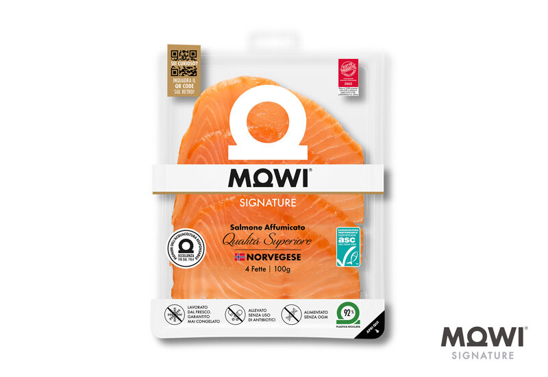 Confezione di salmone affumicato MOWI Signature, 4 fette, 100g.