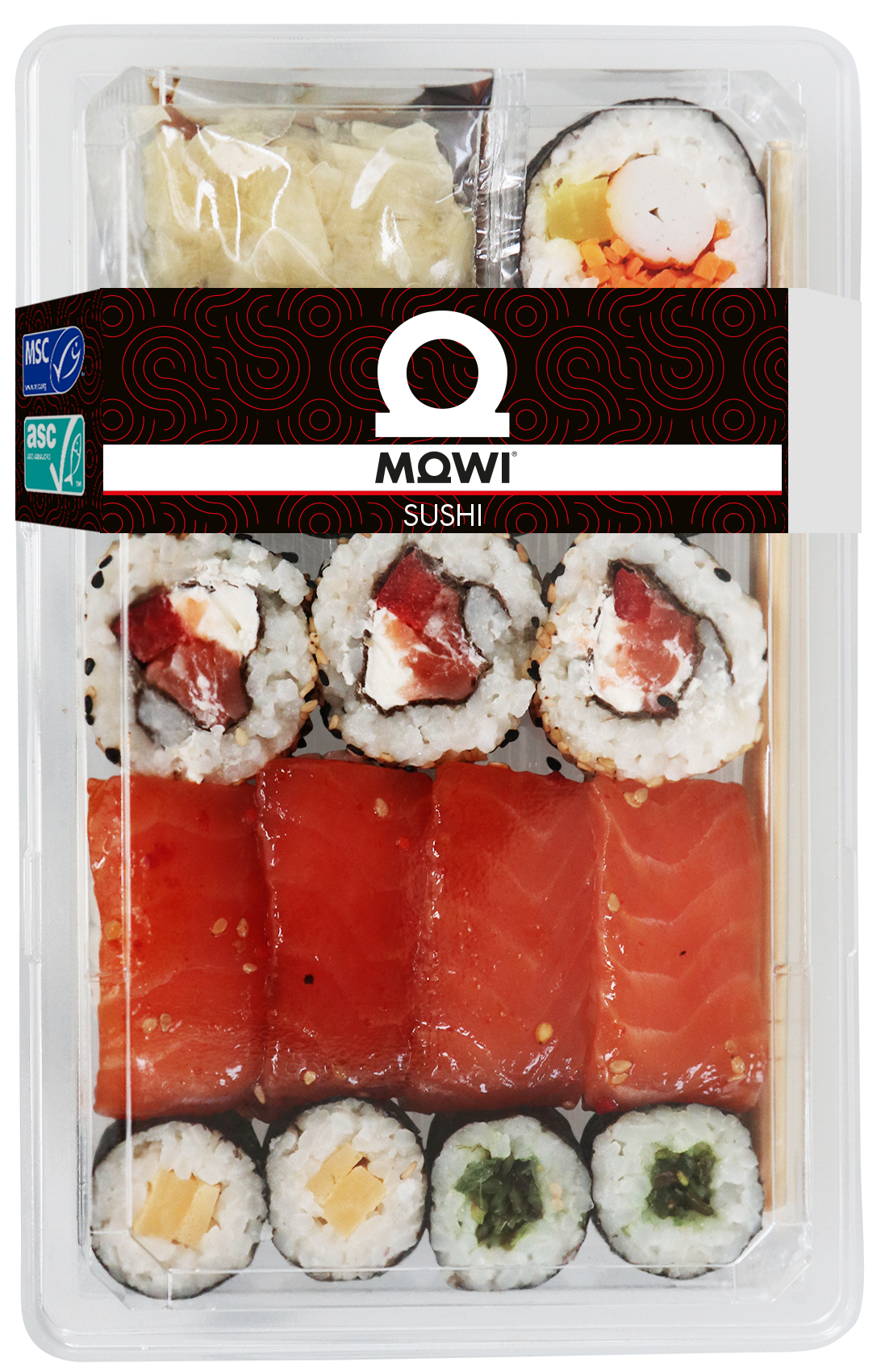 Confezione di sushi con salmone, riso, verdure e zenzero.