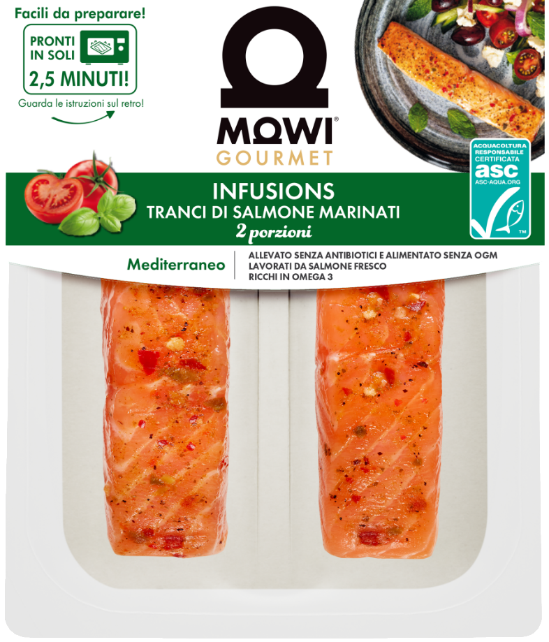 Mowi salmone marinato in infusione, 2 porzioni Mediterraneo, pronto in 2,5 minuti.