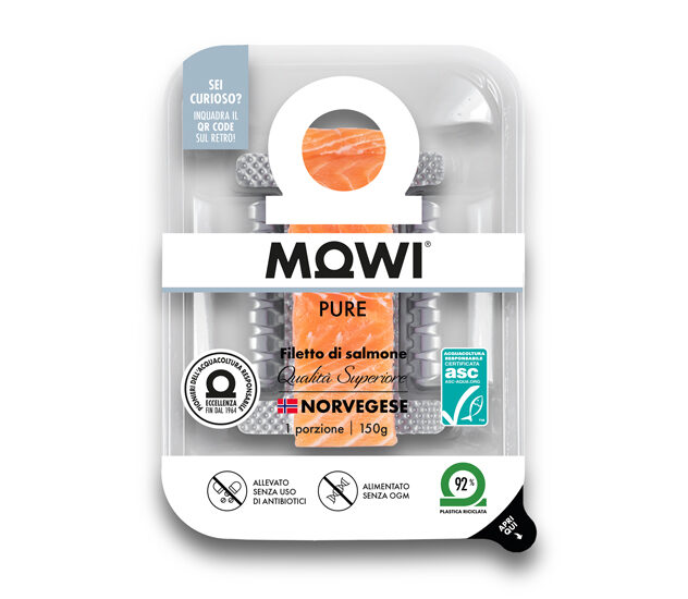 Confezione di filetto di salmone MOWI Pure, 150g, norvegese, allevato senza antibiotici e OGM.