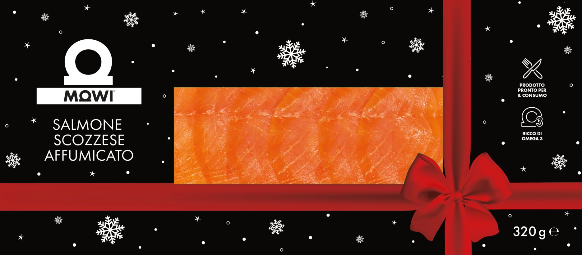 Confezione regalo salmone scozzese affumicato Mowi con fiocco rosso e fiocchi di neve.