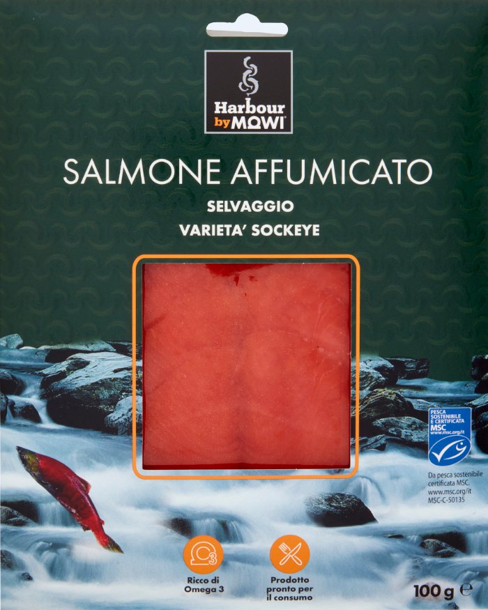 Confezione di salmone affumicato selvaggio varietà Sockeye Harbour by Mowi