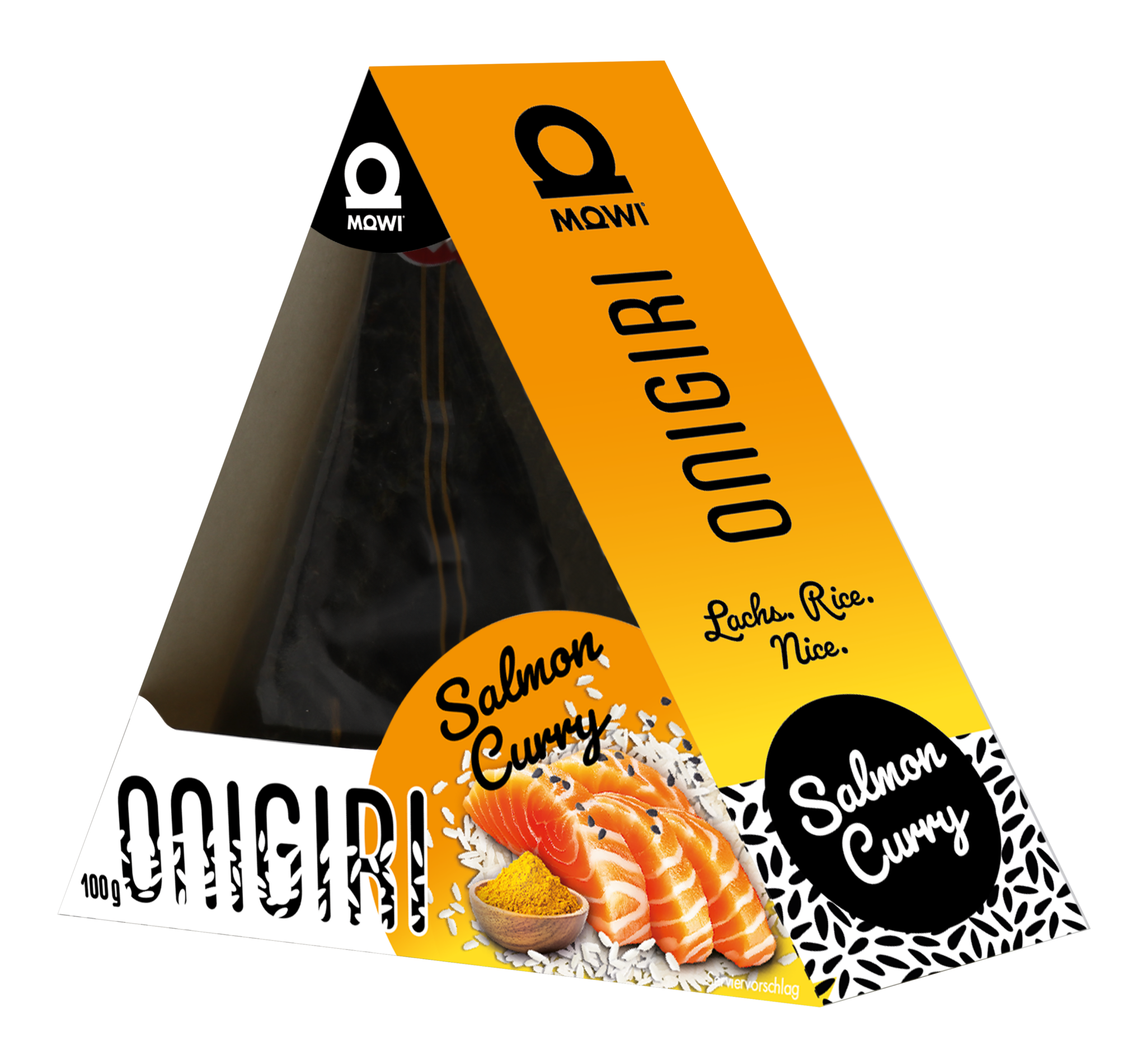Confezione triangolare con onigiri al salmone e curry, su sfondo nero.