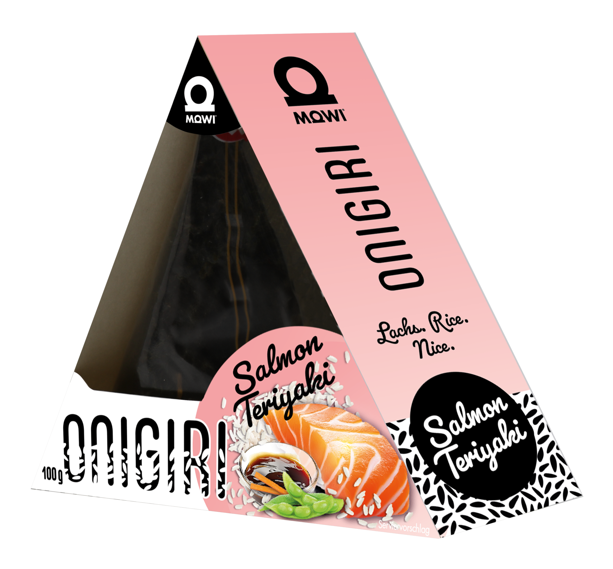 Onigiri al salmone teriyaki con riso, edamame e salsa.