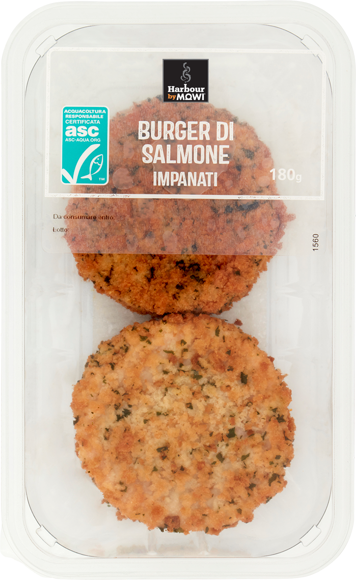 Burger di salmone impanati Harbour by Mowi, confezione da 180g.