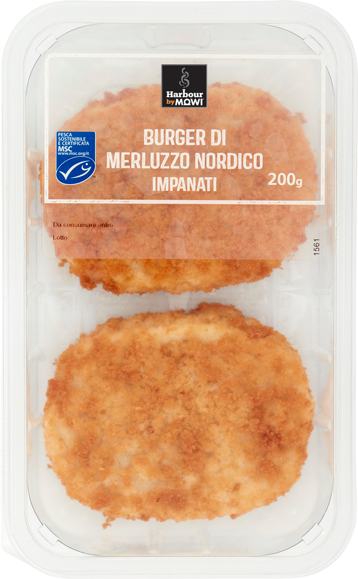 Burger di merluzzo nordico impanati, 200g, certificati MSC.