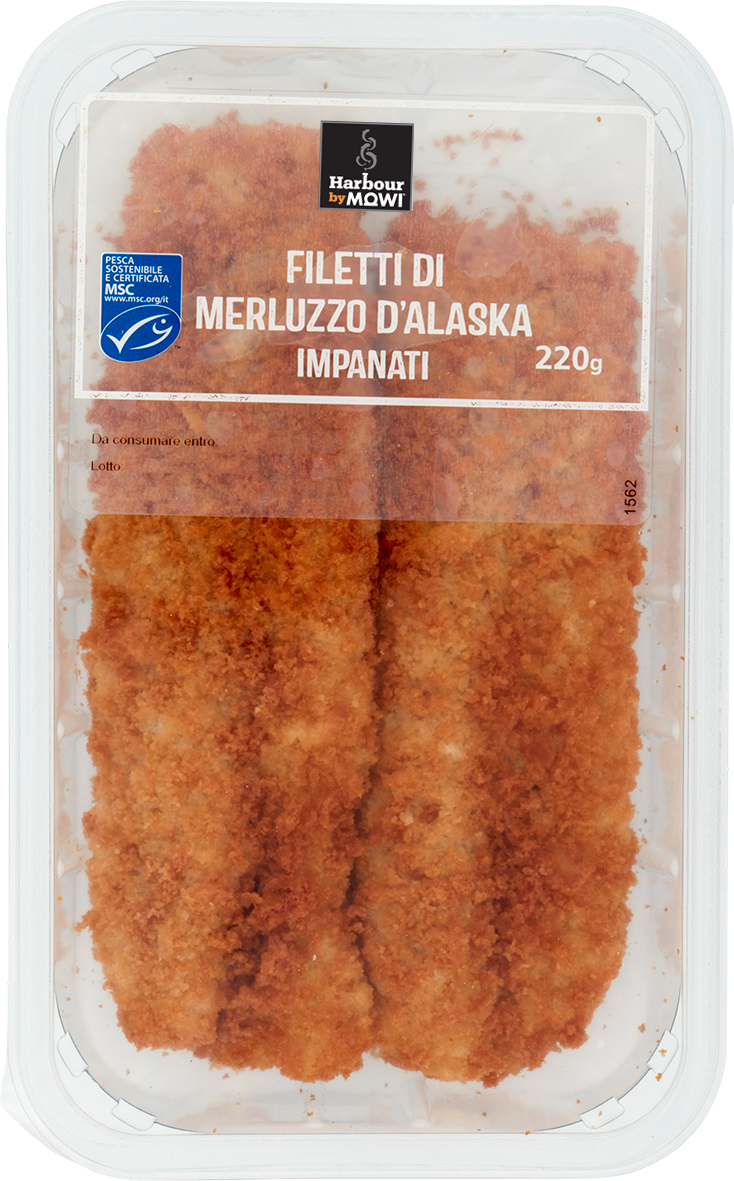 Filetti di merluzzo d'Alaska impanati, 220g.