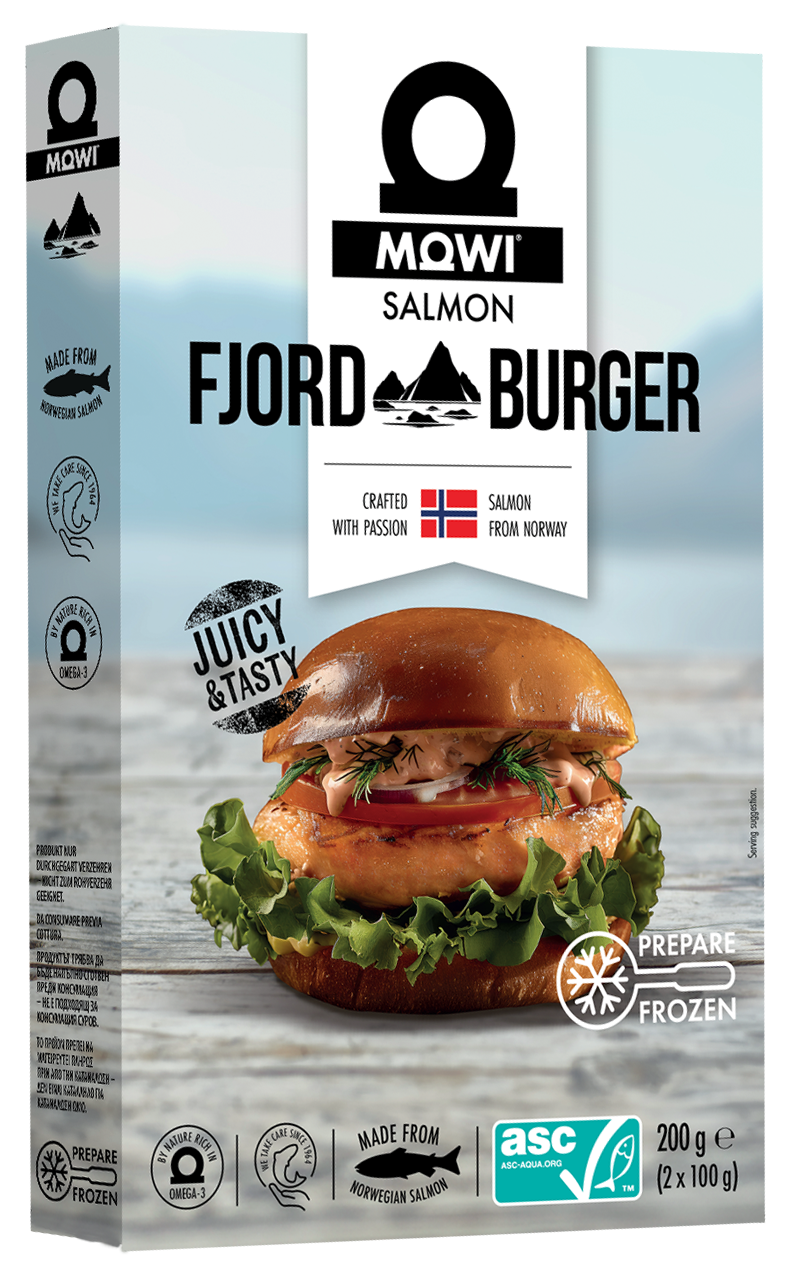 MQWI Fjord Salmon Burger, preparato con salmone norvegese.