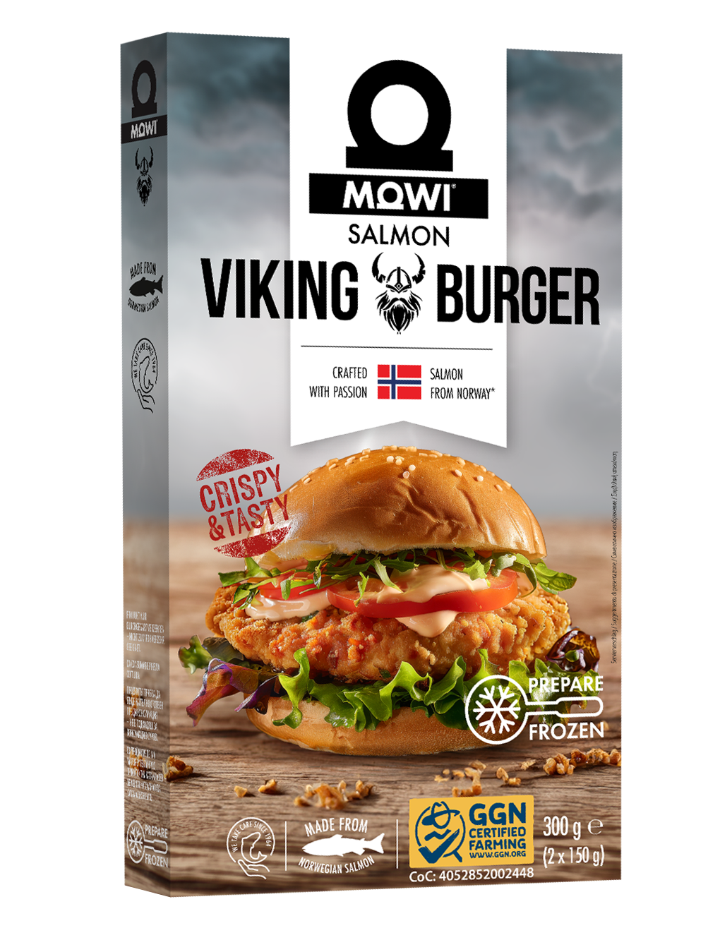 MOWI Salmone Viking Burger: panato e surgelato.