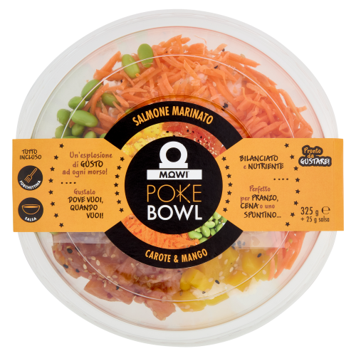 Poke bowl MQWI con salmone marinato, carote e mango. Pronto da gustare.